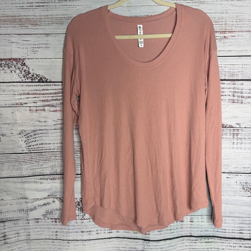 Athleta Womens S Pink Ribbed Long Sleeve Top Modal Scoop Neck Stretch